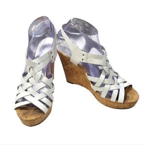 EUC GUESS WOMEN'S WHITE LEATHER PLATFORM ESPADRILLES WEDGE SANDALS, 8.5